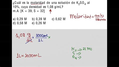 Molaridad De K So Al Densidad G Ml Youtube