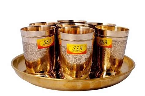 Shiv Shakti Arts Brass Serving Glass Set With Plate Pcs Set Thali