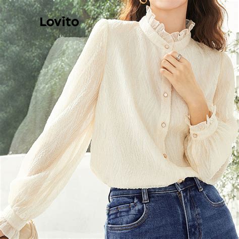 Lovito Women Elegant Plain Button Front Ruffle Button Embellished