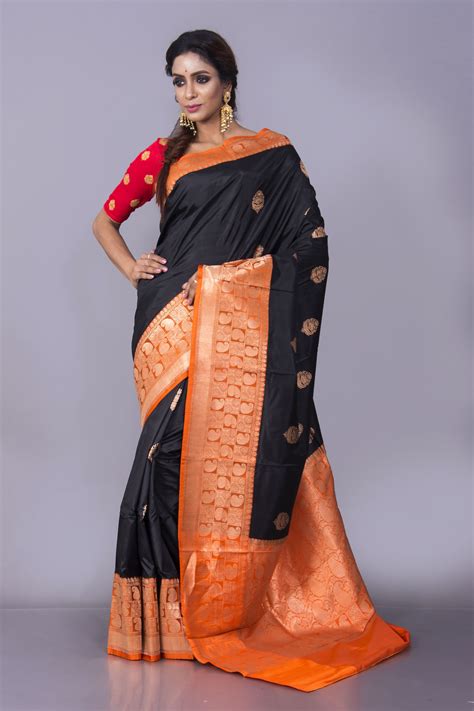 Pure Katan Silk Banarasi Saree In Black And Orange Saree Banarasi