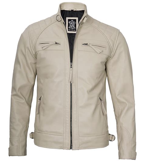 Mens Beige Cafe Racer Leather Jacket Quilted Pattern