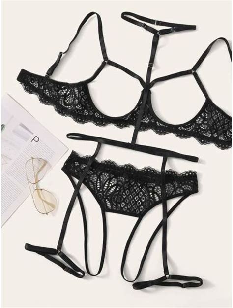 Buy Shein Floral Lace Garter Lingerie Set With Choker Online Topofstyle