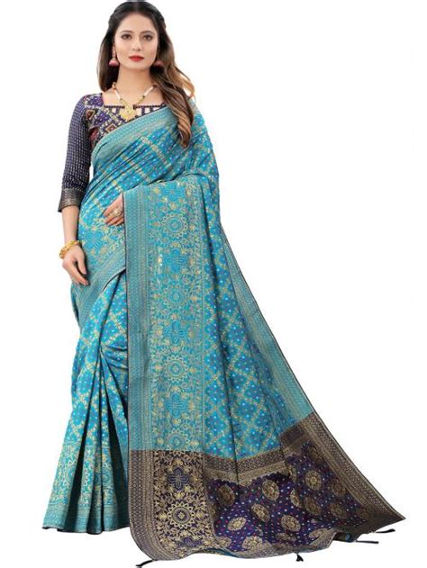 Leeza Store Women S Firozi Jacquard Cotton Silk Blend Banarasi Bandhani