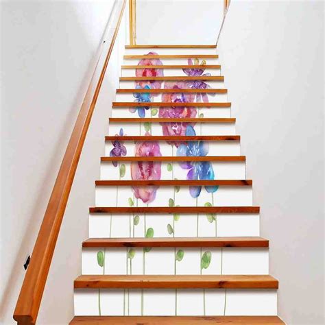 Stair Stickers Watercolor Flowers Purple Phalaenopsis Stairs Riser Decals Self Adhesive Floral