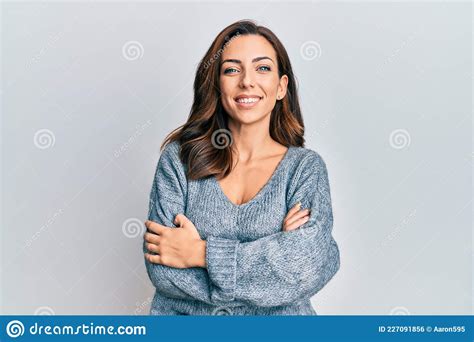 Young Brunette Woman Wearing Casual Winter Sweater Happy Face Smiling