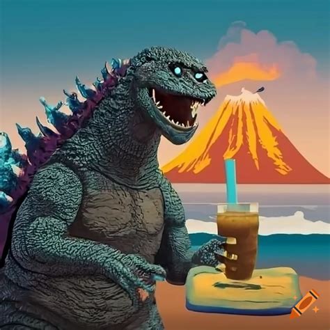 Funny Illustration Of Godzilla On A Beach