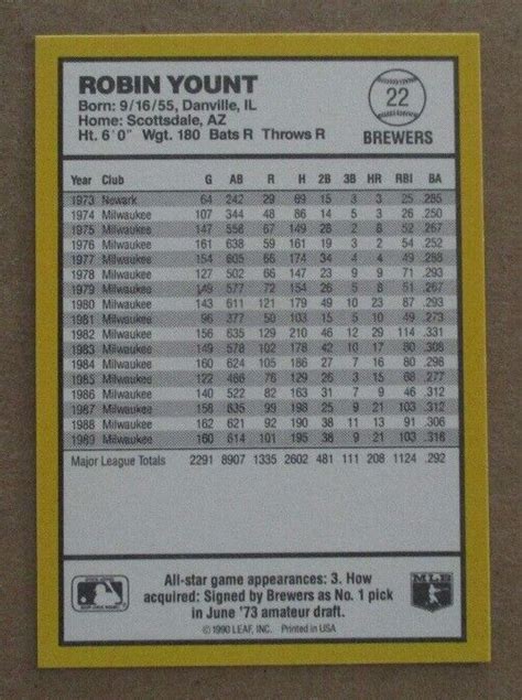 ROBIN YOUNT Milwaukee BREWERS 1990 DONRUSS Best Of A L BASEBALL CARD