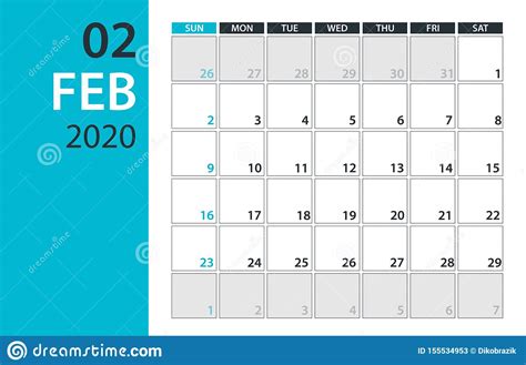 February 2020 Calendar Planner Vector Illustration Template Mock Up