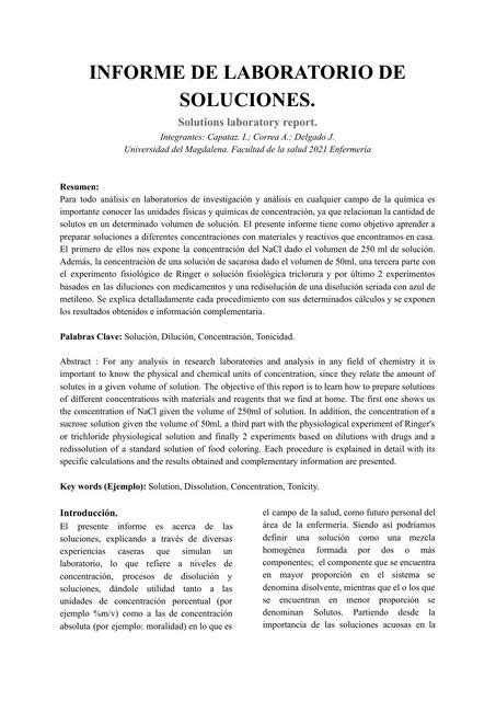 Informe De Laboratorio De Química Soluciones Issabella Capataz Udocz