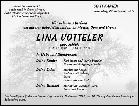 Traueranzeigen Von Lina Votteler Zvw Trauer