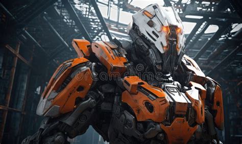 Photo Of An Orange And Black Robot Standing In A Warehouse Stock