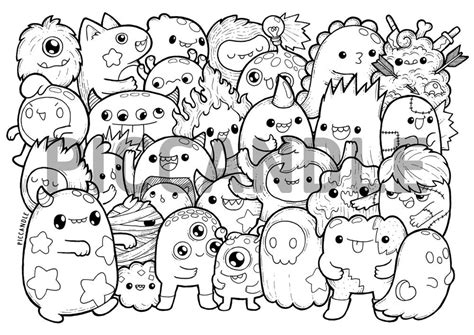 Monsters Doodle Coloring Page Printable Cute Kawaii Coloring Etsy