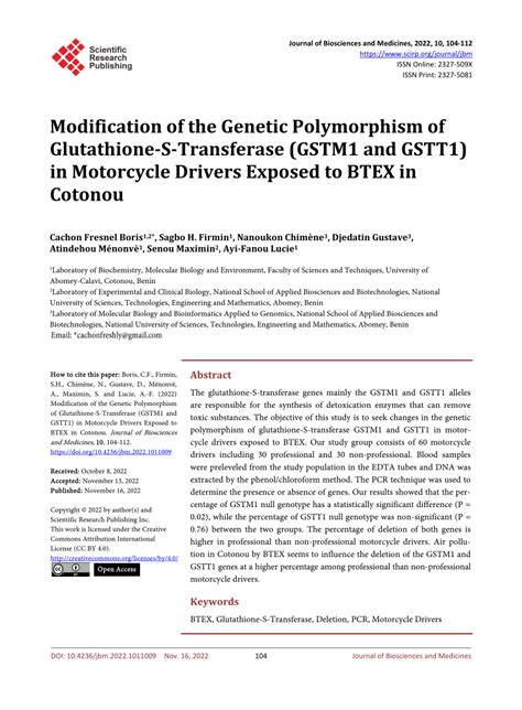 Pdf Modification Of The Genetic Polymorphism Of Glutathione S Transferase Gstm1 And Gstt1 In