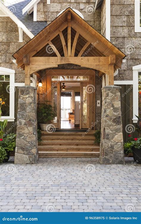 Exterior Porch and Front Door Entrance To Beautiful, Upscale Country ...