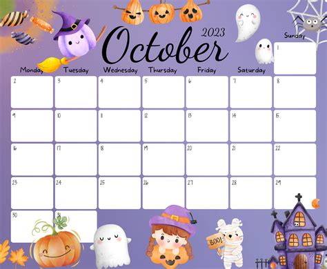 Editable October 2023 Calendar Happy Halloween Pretty Ghost Cute