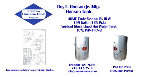 WP447B 499 Gallon Vertical Hot Water Tank Hanson Tank Asme Code