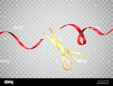 Golden Scissors Cut Red Silk Ribbon Start Celebration Grand Opening Ceremony Vector Realistic