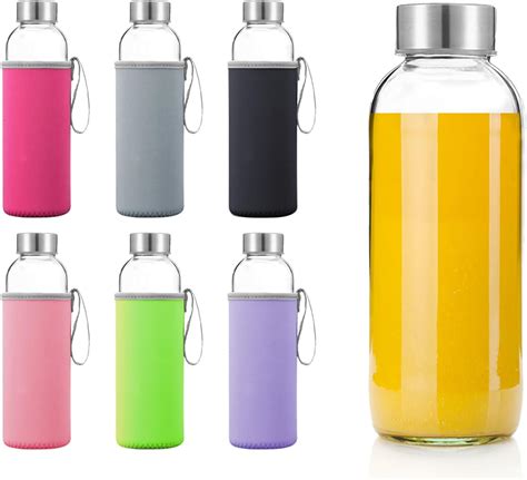 Glass Water Bottles 6 Pack With Sleeves And Stainless Steel Lids 18oz Size Leak