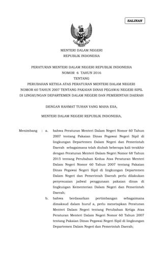 Permendagri Nomor 6 2016 Tentang Pakaian Dinas Pns Pdf