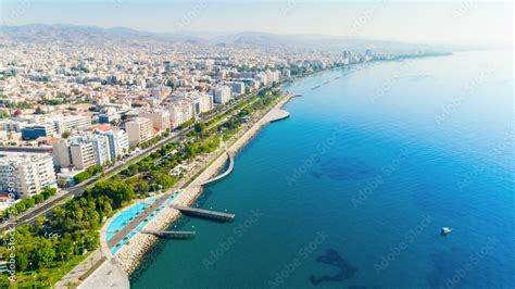 Aerial View Of Molos Promenade Park On Coast Of Limassol City Centre