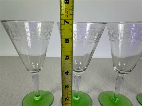 Vintage Etched Footed Stemware Glasses Uranium Vaseline Glass Green Foot 675h 4 Glasses