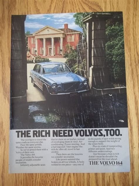 1973 Vintage Original Print Ad For Volvo 164 Car The Rich Need Volvos