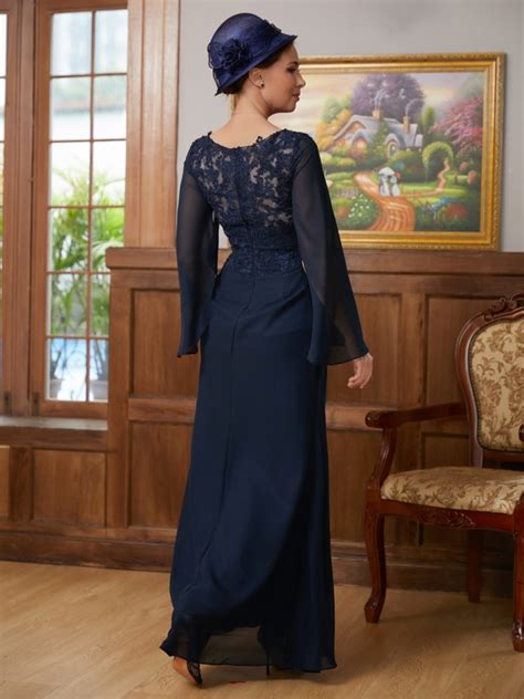 A Line Princess Chiffon Applique V Neck Long Sleeves Floor Length