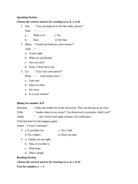 Speaking Section Choose The Correct Answer By Crossing X A B C Or D