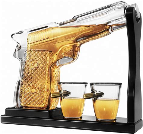 Pistol Gun Whiskey Decanter Bottle With Bullet Shot Glasses Liquor