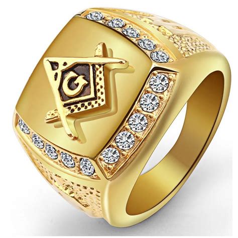 316L Stainless Steel Cool Gold Color Freemason Ring Men Hip Hop Iced