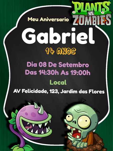 Convite aniversário Plants vs Zombies Edite grátis nosso editor