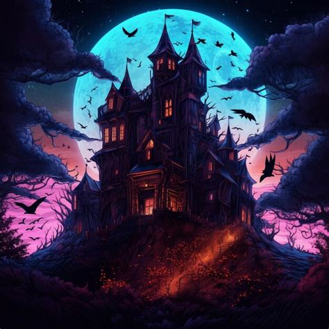 Un póster de halloween para una casa embrujada con murciélagos volando