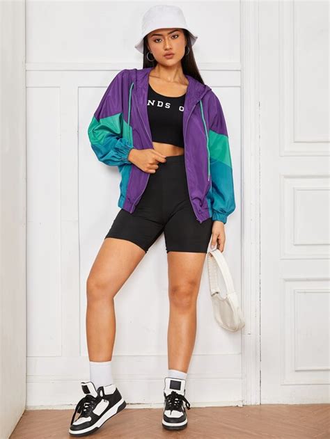 SHEIN EZwear Jaqueta corta vento Bloco de cores Cordão Cncapuzado