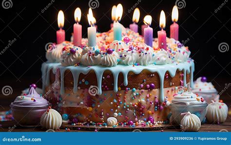 Birthday Cake With Chocolate Icing And Colorful Decorations On Table