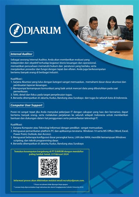 Lowongan Kerja Februari Djarum Internal Auditor Computer