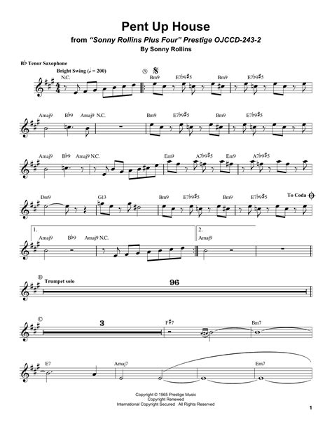 Pent Up House By Sonny Rollins Sheet Music For Tenor Sax Transcription