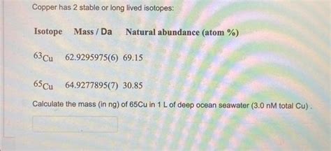 Solved Copper has 2 stable or long lived isotopes: Isotope | Chegg.com