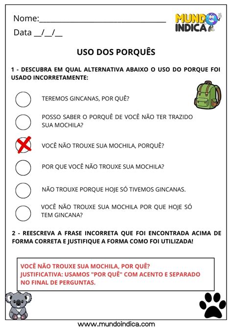 Atividade Uso Dos Porques Com Gabarito - Atividades sobre o Uso dos Porquês para Imprimir e Com Gabarito