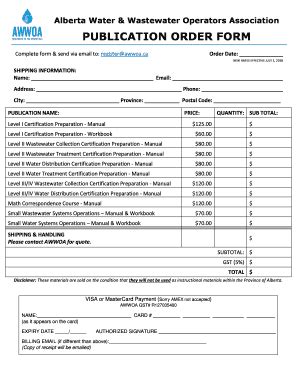 Fillable Online PUBLICATION ORDER FORM Awwoa Ca Fax Email Print