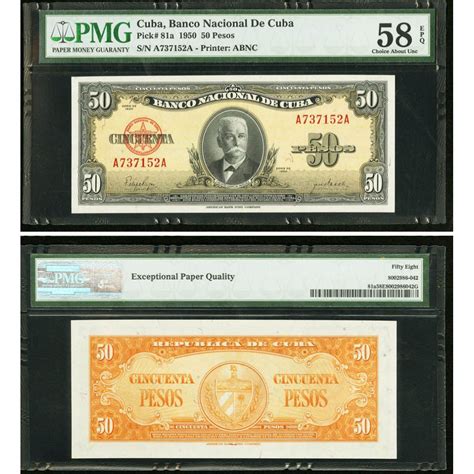 Vintage Cuba Paper Money 1950 Cuba 50 Pesos Pmg 58 Choice About