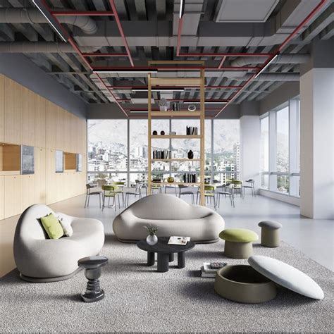 An Office Lobby With Modern Furniture And Large Windows Overlooking