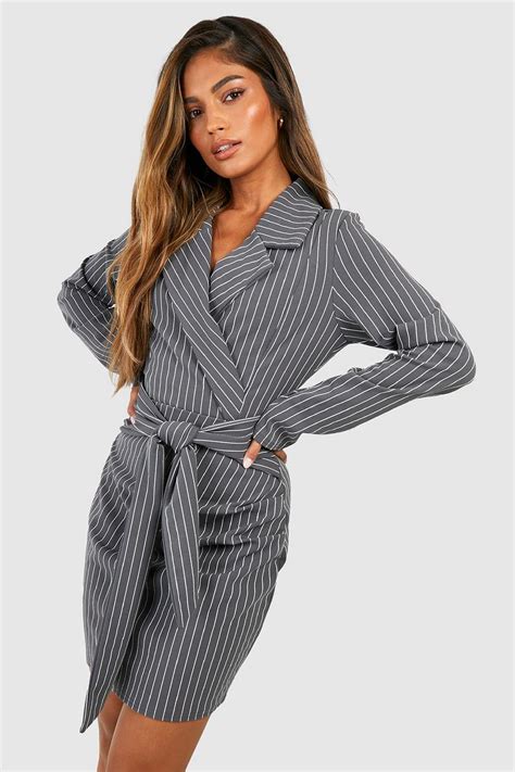 Crepe Pinstripe Tie Waist Blazer Dress Boohoo Uk