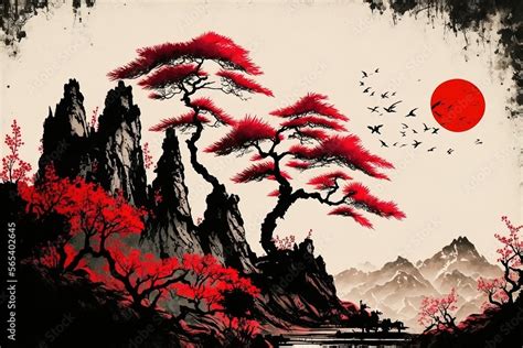 ภาพประกอบสตอก Traditional Chinese painting Red landscape Painting of