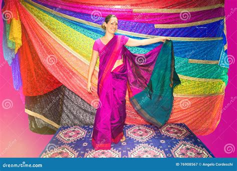 Western Woman With Indian Clothes Sari Stock Image Image Of Colors