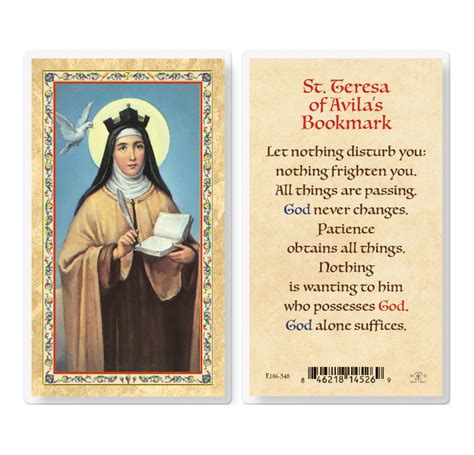 St Teresa Of Avila Bookmark Gold Stamped Laminated Catholic Prayer