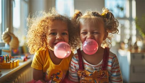 Premium Photo | Cute children chewing gum blowing big pink bubble Child having fun with bubble ...