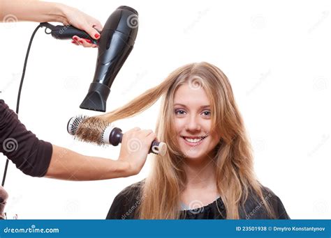 Hairdresser Blow Dry Hair Stock Photo Image Of Beautiful