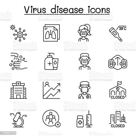 코로나 바이러스 Covid19 아이콘 얇은 라인 스타일에 설정 Covid 19에 대한 스톡 벡터 아트 및 기타 이미지