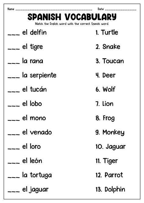 Spanish Worksheets Vocabulary