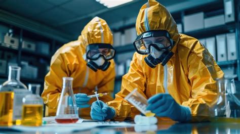 Biohazard Research Scientists In Hazmat Suits Handling Dangerous